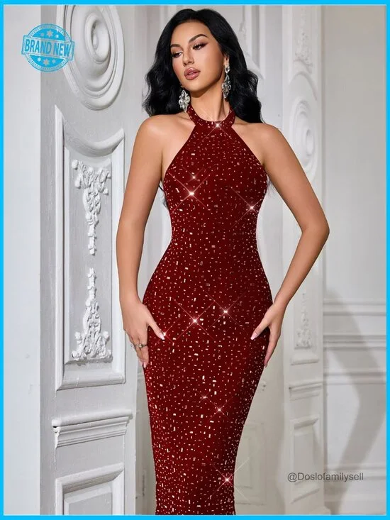 Elegant Halter Formal Evening Dress Rhinestone Decor Long Gown Cocktail Party - Picture 7 of 7